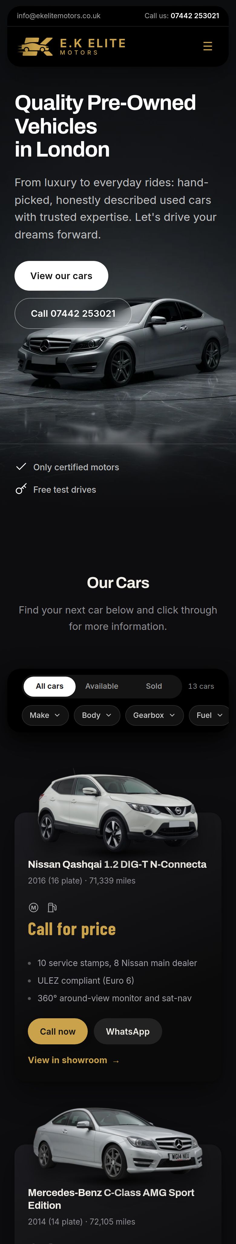 The E.K Elite Motors home page on a phone, scrolling from the film hero down to the cars for sale