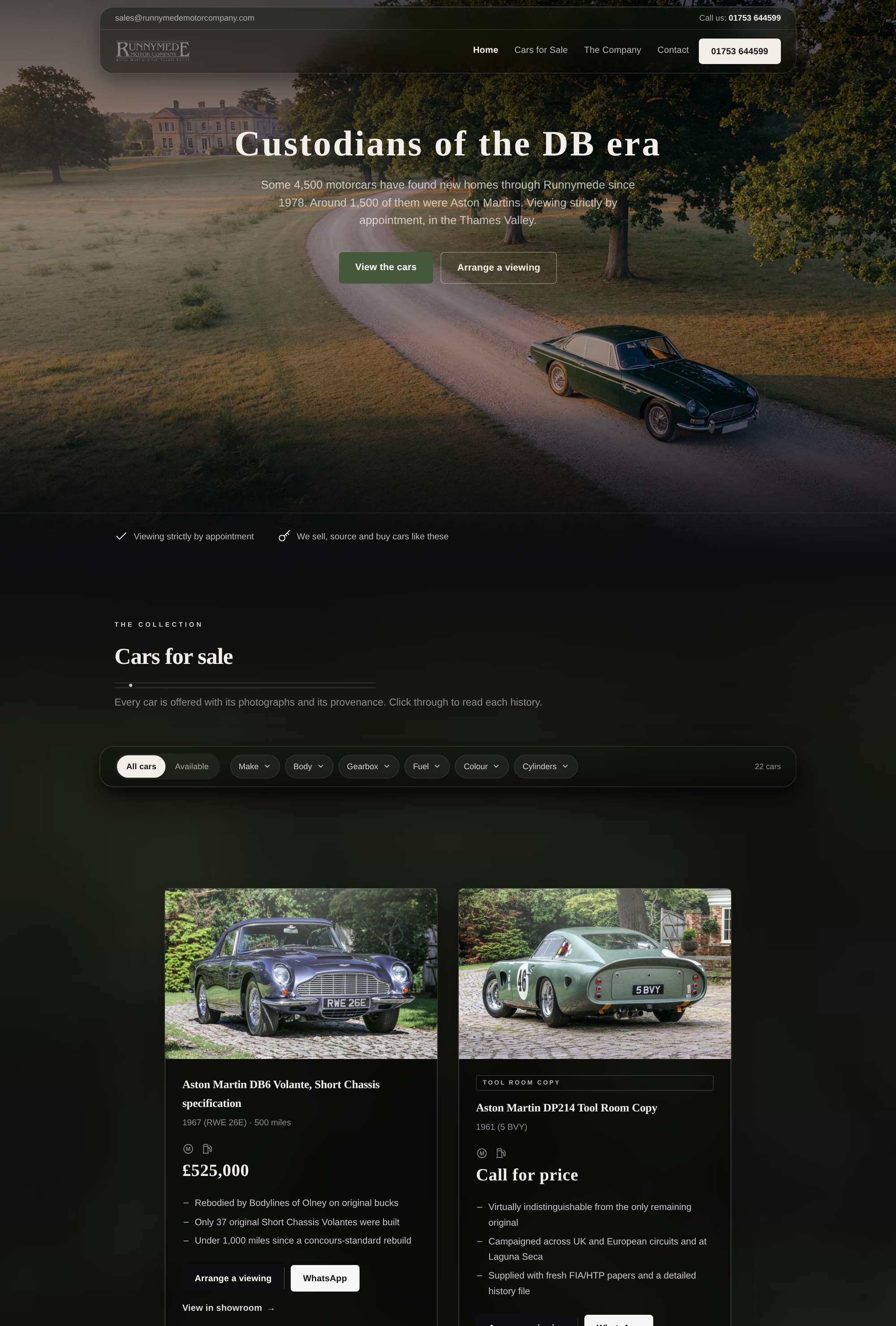 A second concept dealer site, scrolling from its hero down to the cars for sale